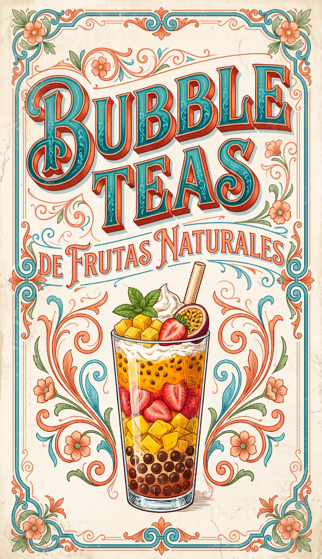 Cartel de Bubble Teas de frutas naturales de La Mezclaíta